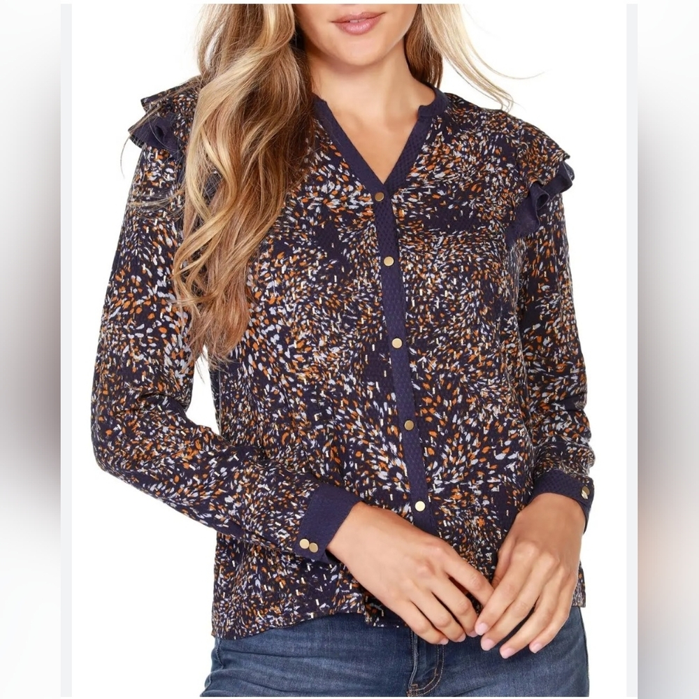 Belldini Los Angeles Petite Ruffled Shoulder Button Front Top Navy Combo Sz PS